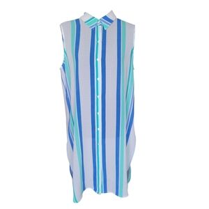 Vince Camuto NEW Womens Blue White Teal Striped Button Front Mini Dress - Size L